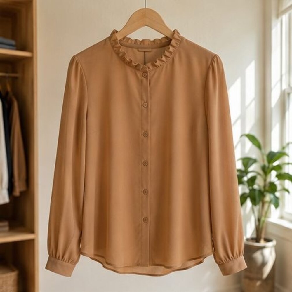 Camel Ruffle Collar Blouse